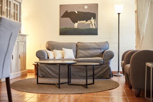 der gemütliche Wohnraum mit Ausgang zur Terrasse