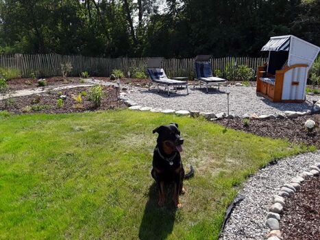 Sonnenterrasse mit Strandkorb und Liegestühlen