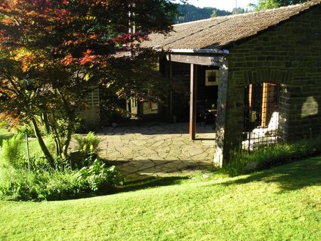 Blick vom Garten auf große Terrasse