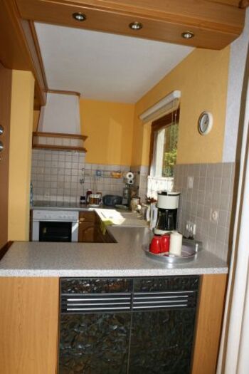 Küche mit Herd, Geschirrspüler, Kühlschrank, Mikrowelle usw