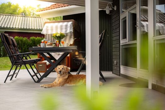 Frühstück auf der überdachten Terrasse genießen