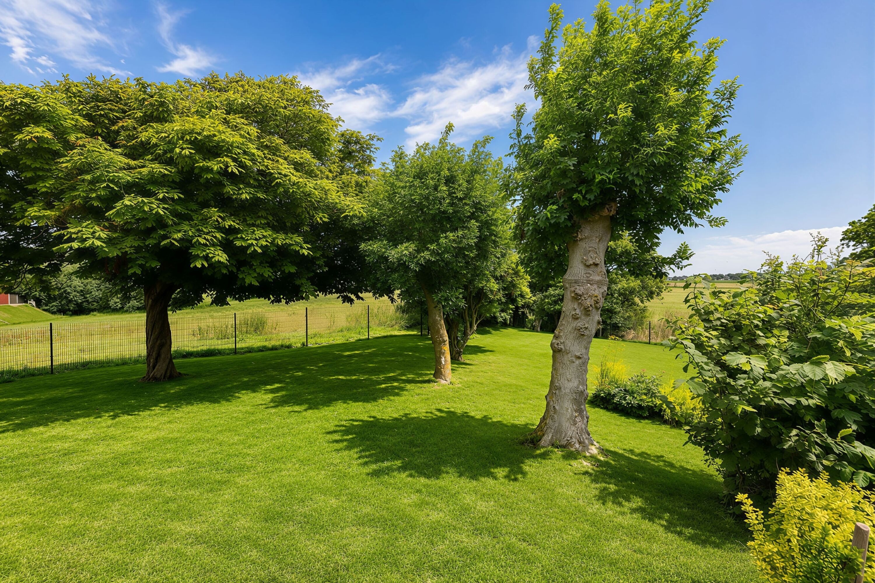 Blick in den 1.200qm großen, eingezäunten Garten