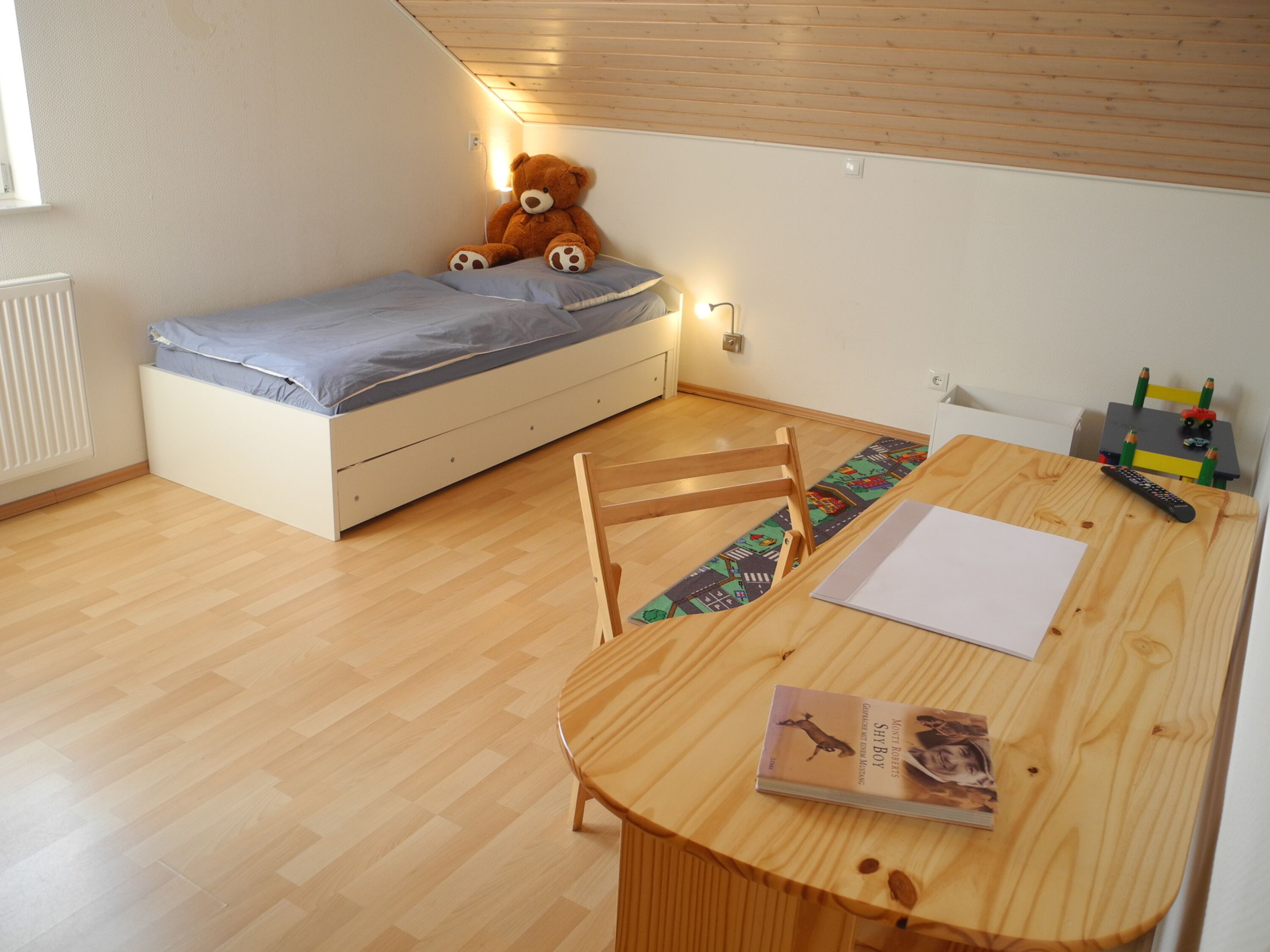 Kinderzimmer mit Spielecke und Kojenbett zum Ausziehen