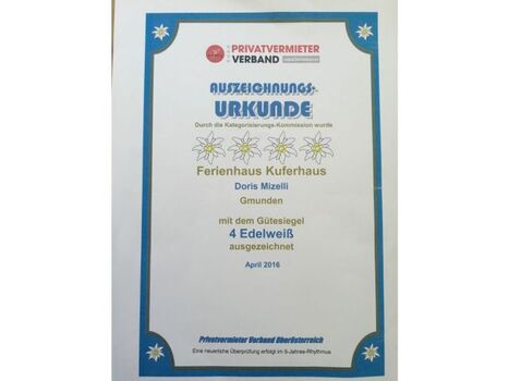Höchste Kategorie 4 Edelweiß für Privatvermieter.