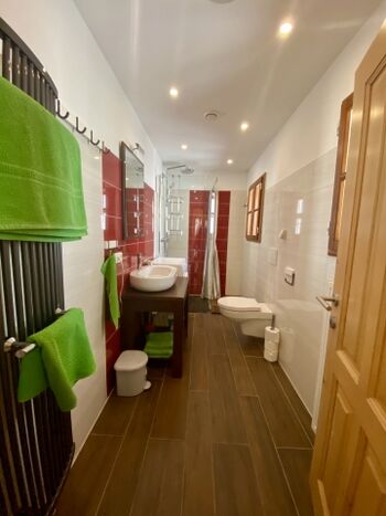 Modernes Badezimmer mit WC, Raindrop Shower und Waschmaschine.