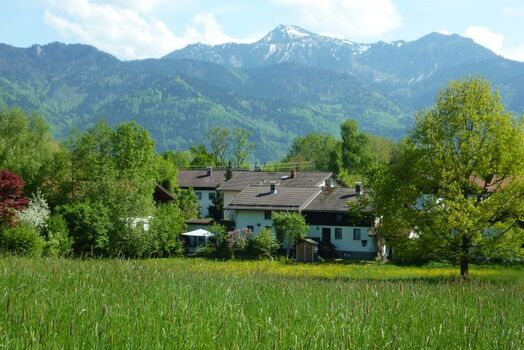 Blick auf das Haus von der Wiese mit dem Hausberg: Hochgern im Hintergrund