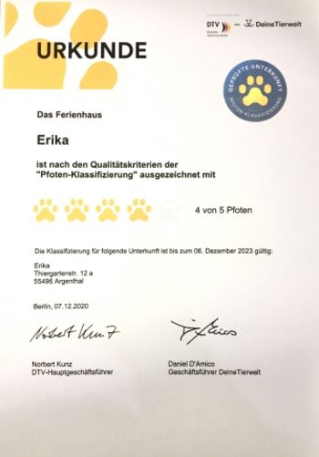 Erstmals und neu über DTV als eines der ersten Ferienhäuser in Rheinland-Pfalz mit vier Pfoten zertifiziert.
