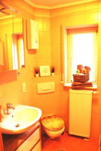 Bad mit Fenster, Dusche, Spiegelschrank, Fön, Waschmaschine 