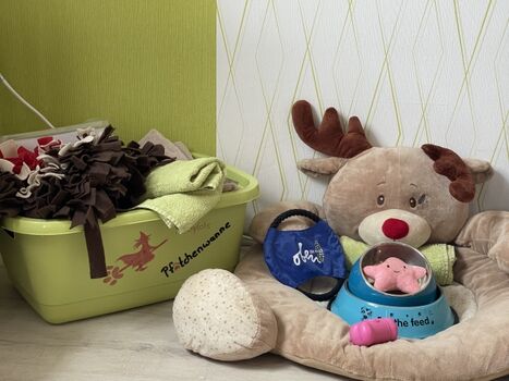 Pfötchenwanne mit Näpfen und Handtüchern