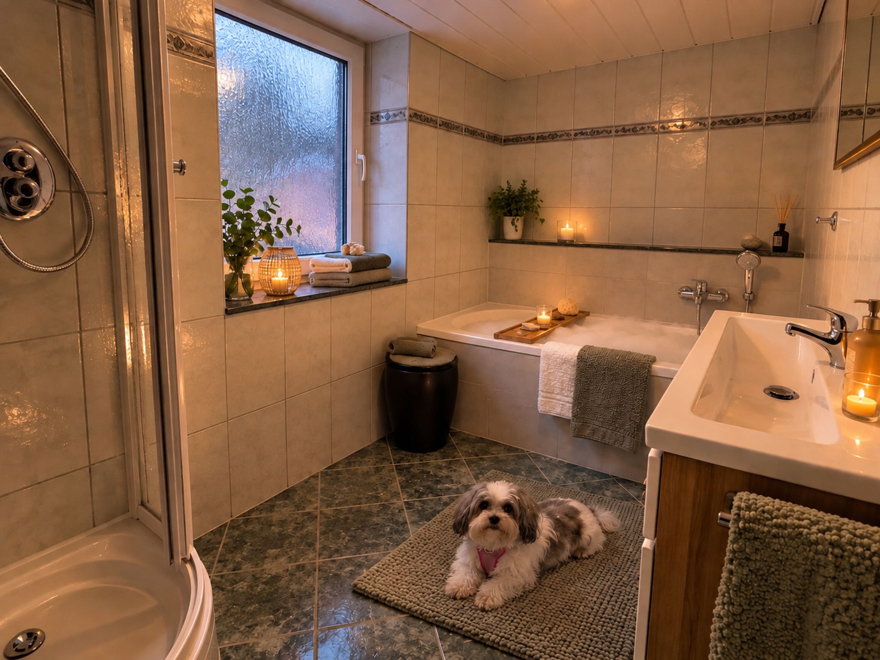Badezimmer mit Fußbodenheizung, Wanne und Dusche