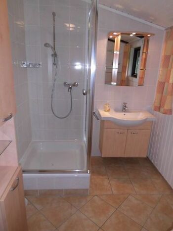 Modernes, großes Tageslicht-Badezimmer mit Dusche und WC