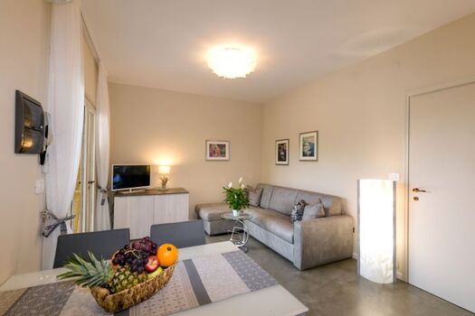 Blick in den Wohnbereich mit ausziehbarer Couch