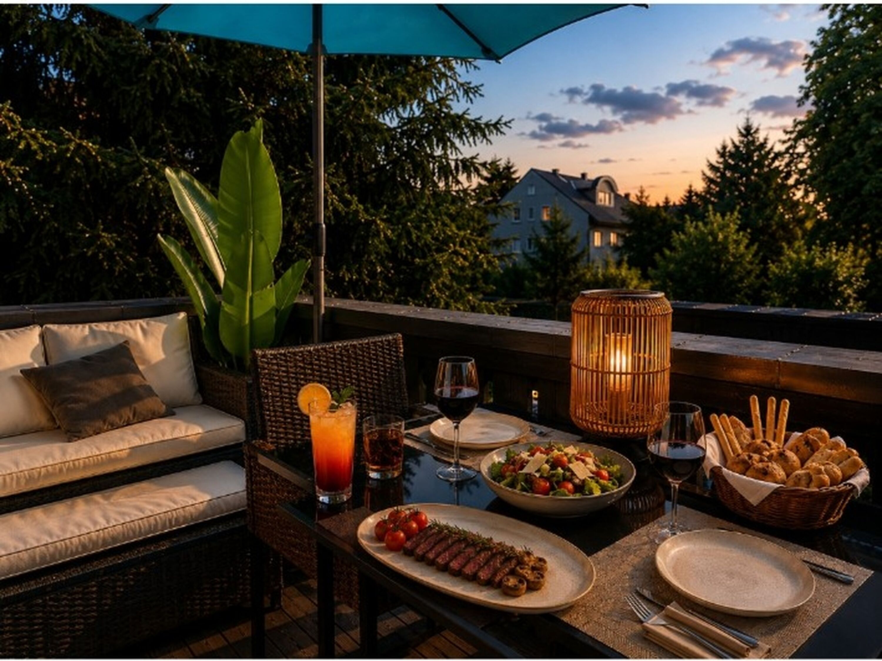Balkon mit Abendessen