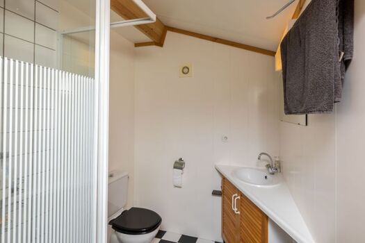 Badezimmer 1 mit Dusche, Waschbecken und Toilette