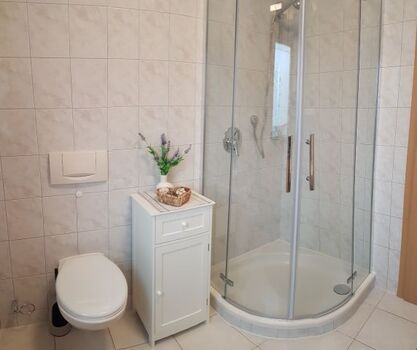 Bad mit Dusche, WC, Waschbecken, Fön