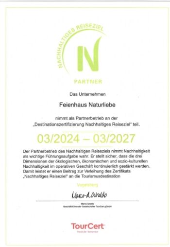 Nachhaltigkeits Urkunde Tourcert