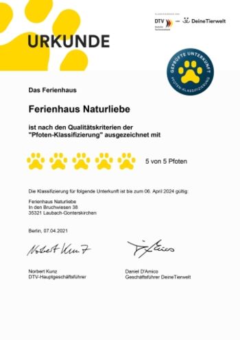 5 Pfoten - Klassifizierung DTV für "Urlaub mit Hund"