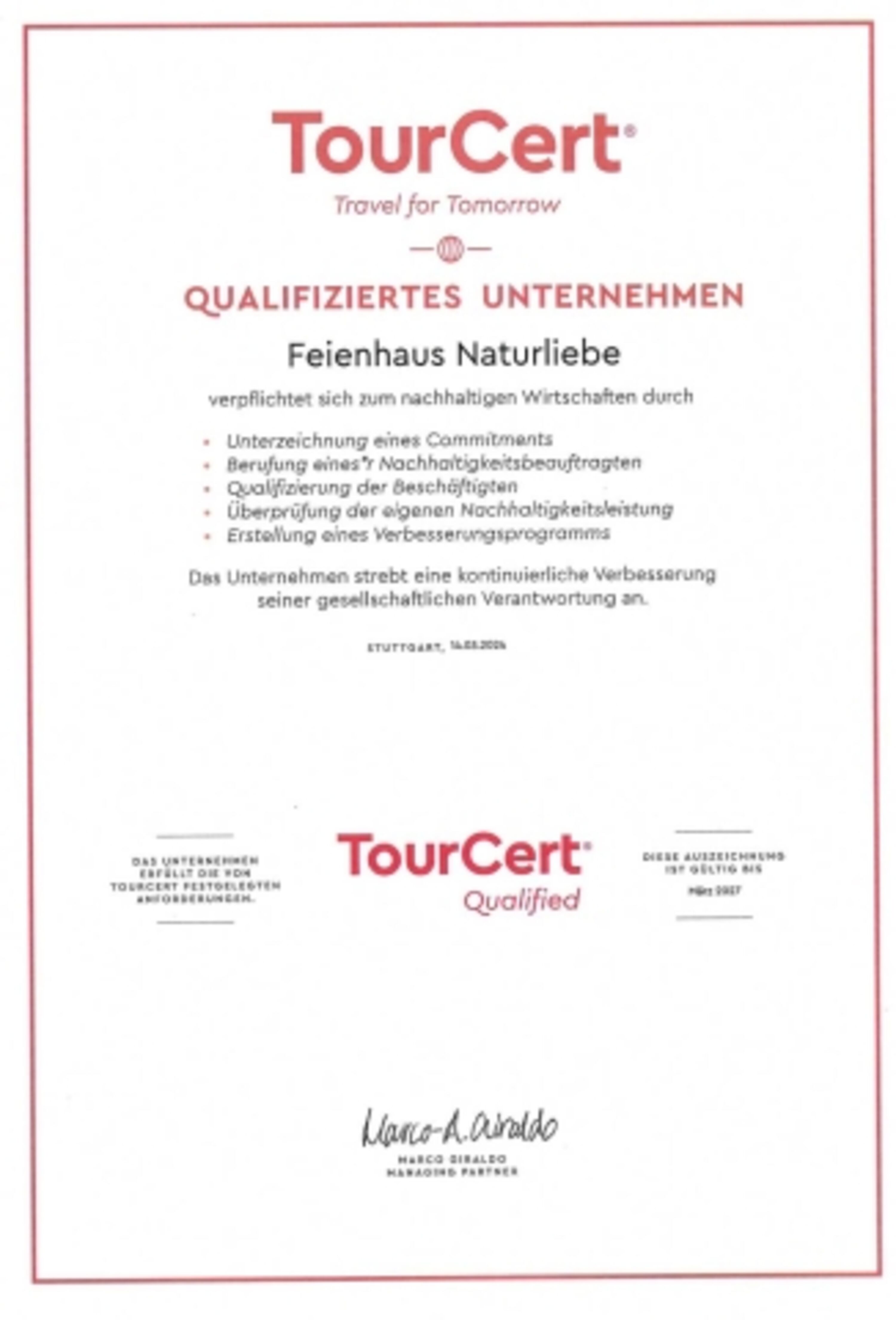 Nachhaltigkeits Urkunde Tourcert