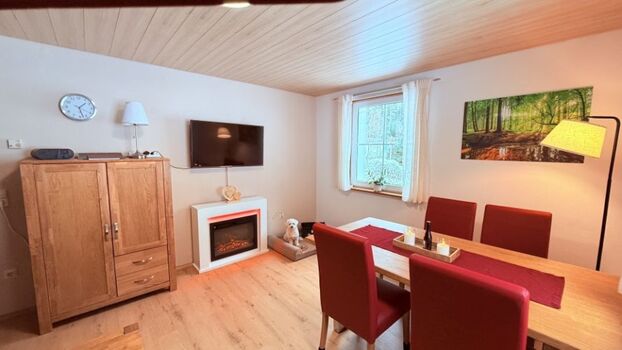 gemütliches Wohn-Esszimmer mit Elektrokamin