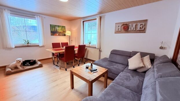 gemütliches Wohn-Esszimmer mit Elektrokamin