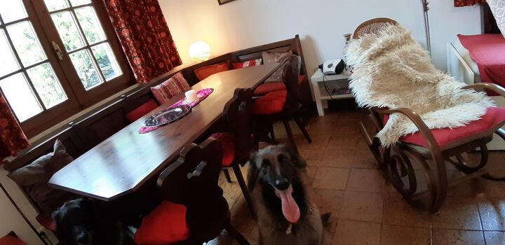 das Wohnzimmer mit Essecke und Wohlfühlstuhl