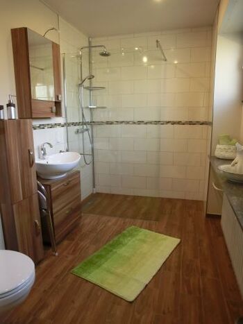 Bad mit großer ebenerdiger Dusche und Toilette