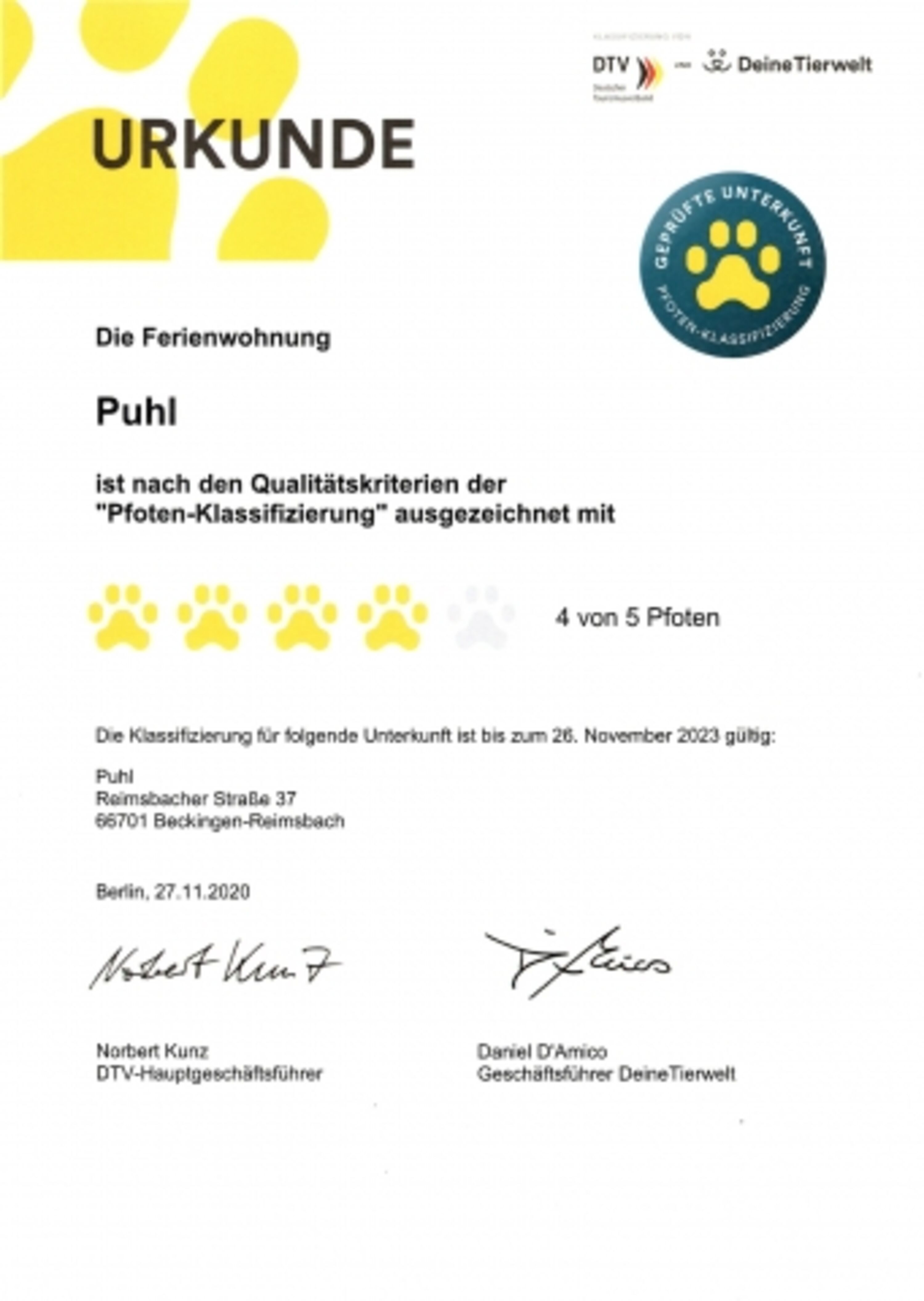DTV 4 Pfoten Klassifizierung