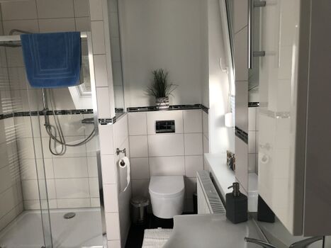 Bad mit Badewanne, Dusche, WC und Waschplatz im 1. OG