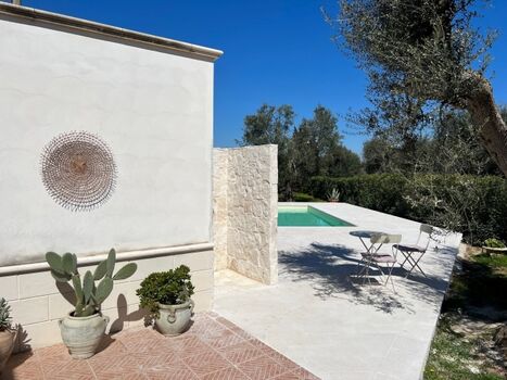 Blick vom Haus zu Pool und gemauerter Dusche