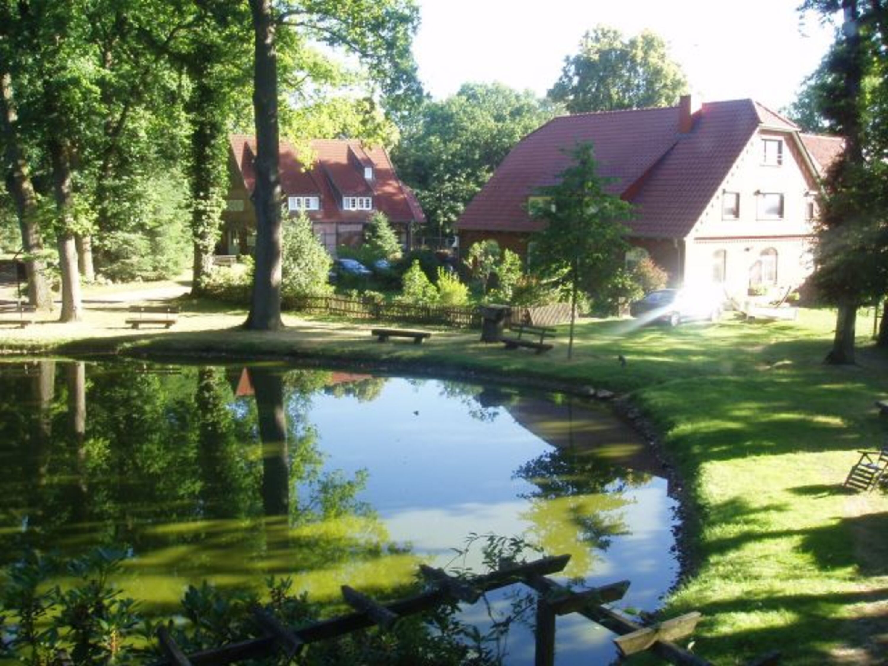 Morgendlicher Blick aus dem Ferienhaus auf das Hofgelände