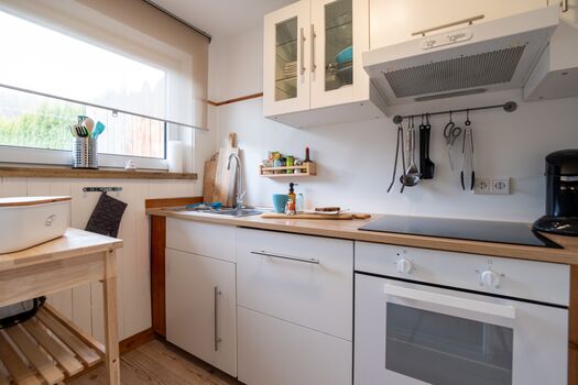 Küche mit Geschirrspüler und Backofen