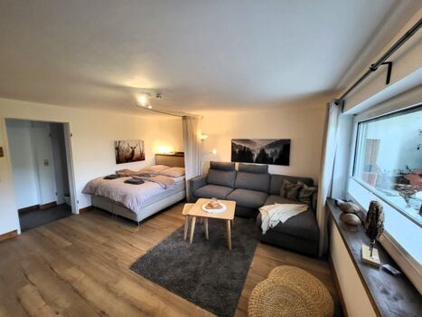 Blick auf TV und Ofen vom Bett und vom Sofa aus - Sie haben die Wahl!