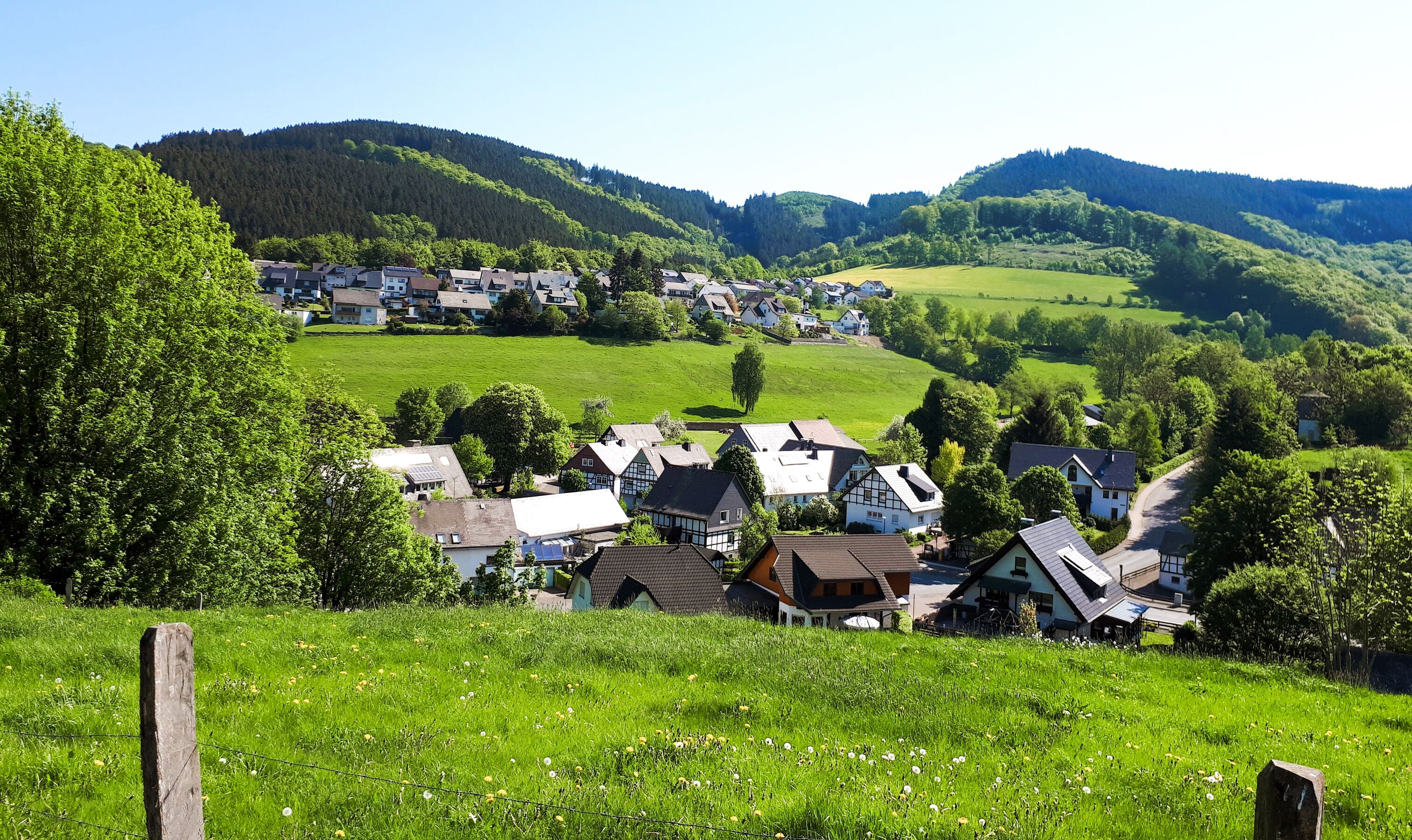 Blick von der gegenüberliegenen Talseite auf die Häuser am Wald