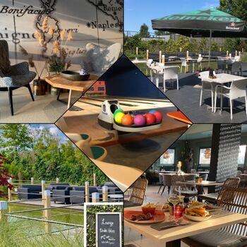 Restaurant mit Sitzecke, Außenterrasse. Loungebereich und Bowlingbahnen