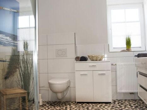 Badezimmer mit Dusche und Fenster