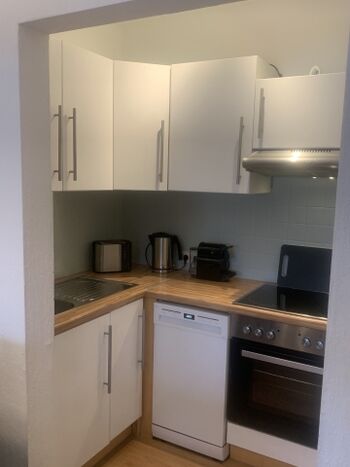 Küche mit Kühl-Gefrierkombi, Herd, Ceranfeld, Geschirrspüler und Haube