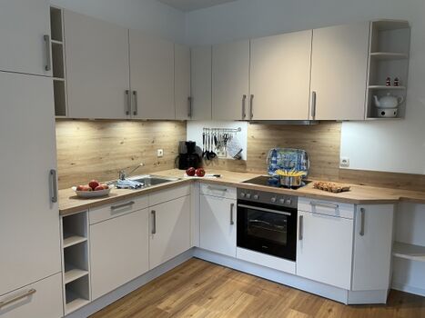 Küche mit Ceranfeld, Kühlschrank und Geschirrspüler