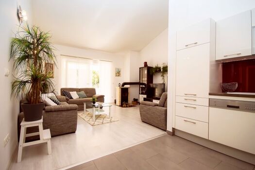 Der Küchenbereich ist mit einem Ess- und Wohnzimmer verbunden