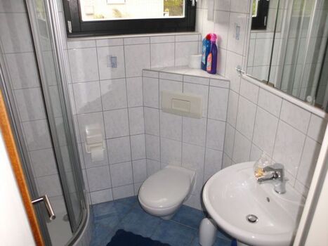 Badezimmer mit Waschbecken, WC und Dusche, inkl. Waschmaschine