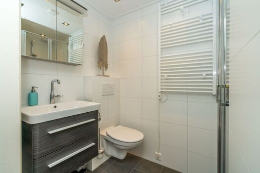 Das neue Badezimmer mit Dusche, Waschbecken, Toilette