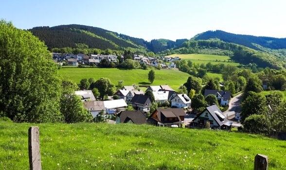 Blick auf die Häuser am Wald von der gegenüberliegenden Talseite